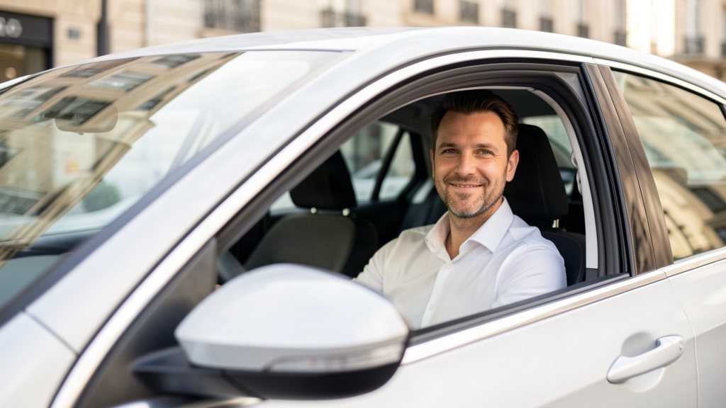 Chauffeur VTC au volant de son véhicule